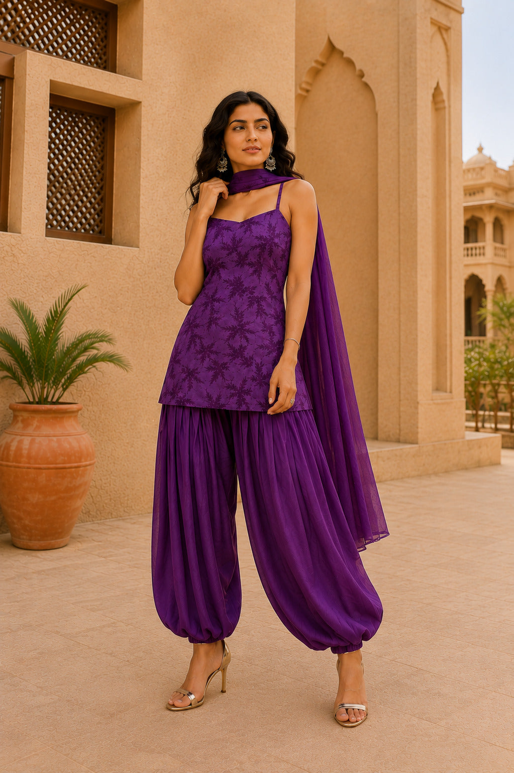 RUHANI PURPLE FLORAL BALLOON PANTS SET WITH DUPATTA