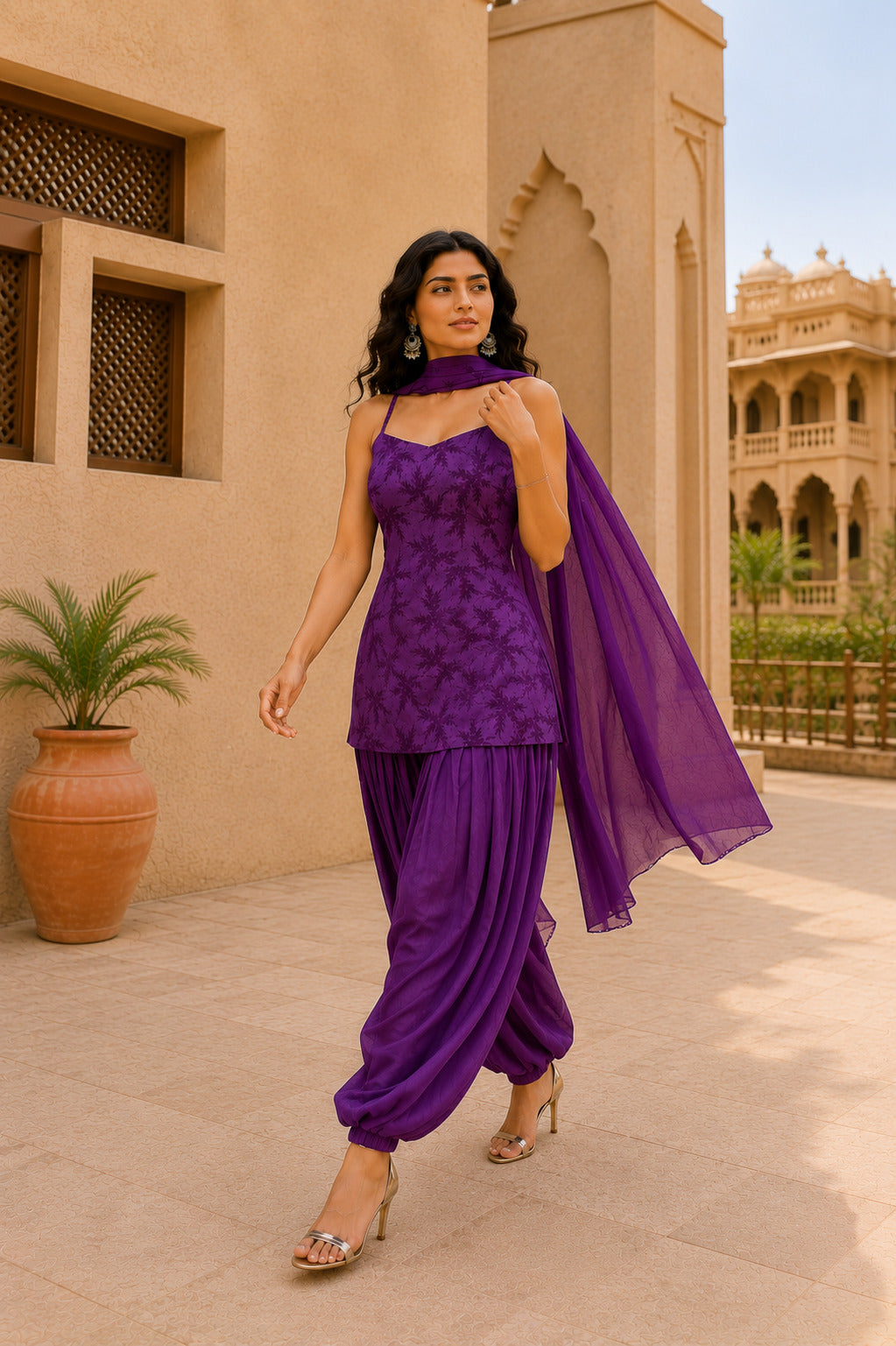 RUHANI PURPLE FLORAL BALLOON PANTS SET WITH DUPATTA