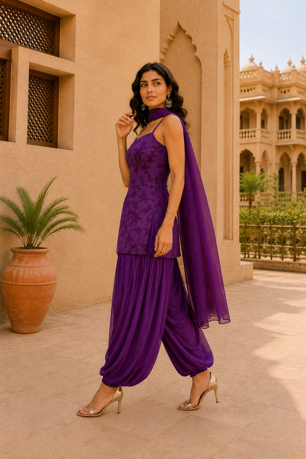 RUHANI PURPLE FLORAL BALLOON PANTS SET WITH DUPATTA