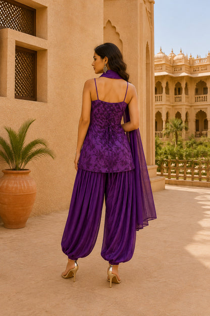 RUHANI PURPLE FLORAL BALLOON PANTS SET WITH DUPATTA