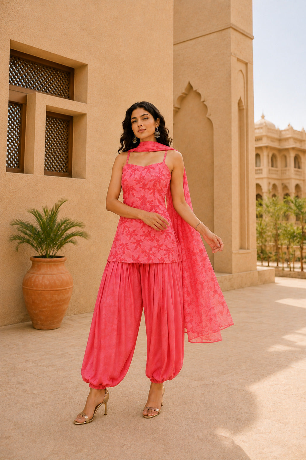 AVNEET PINK FLORAL BALLOON PANTS SET WITH DUPATTA