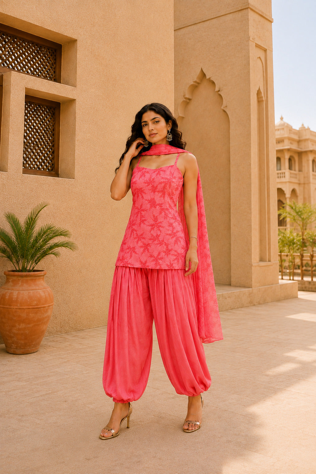 AVNEET PINK FLORAL BALLOON PANTS SET WITH DUPATTA