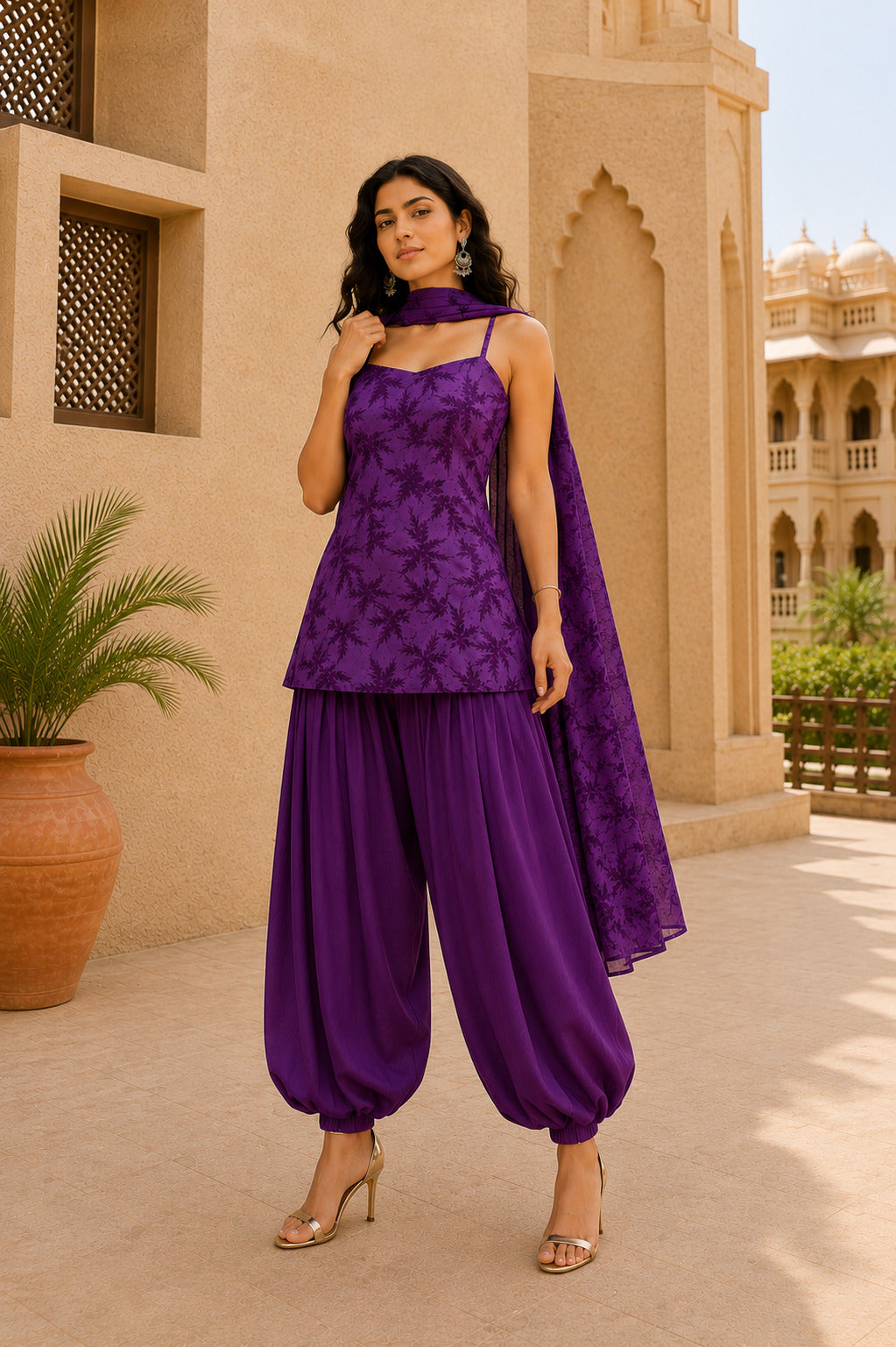 RUHANI PURPLE FLORAL BALLOON PANTS SET WITH DUPATTA