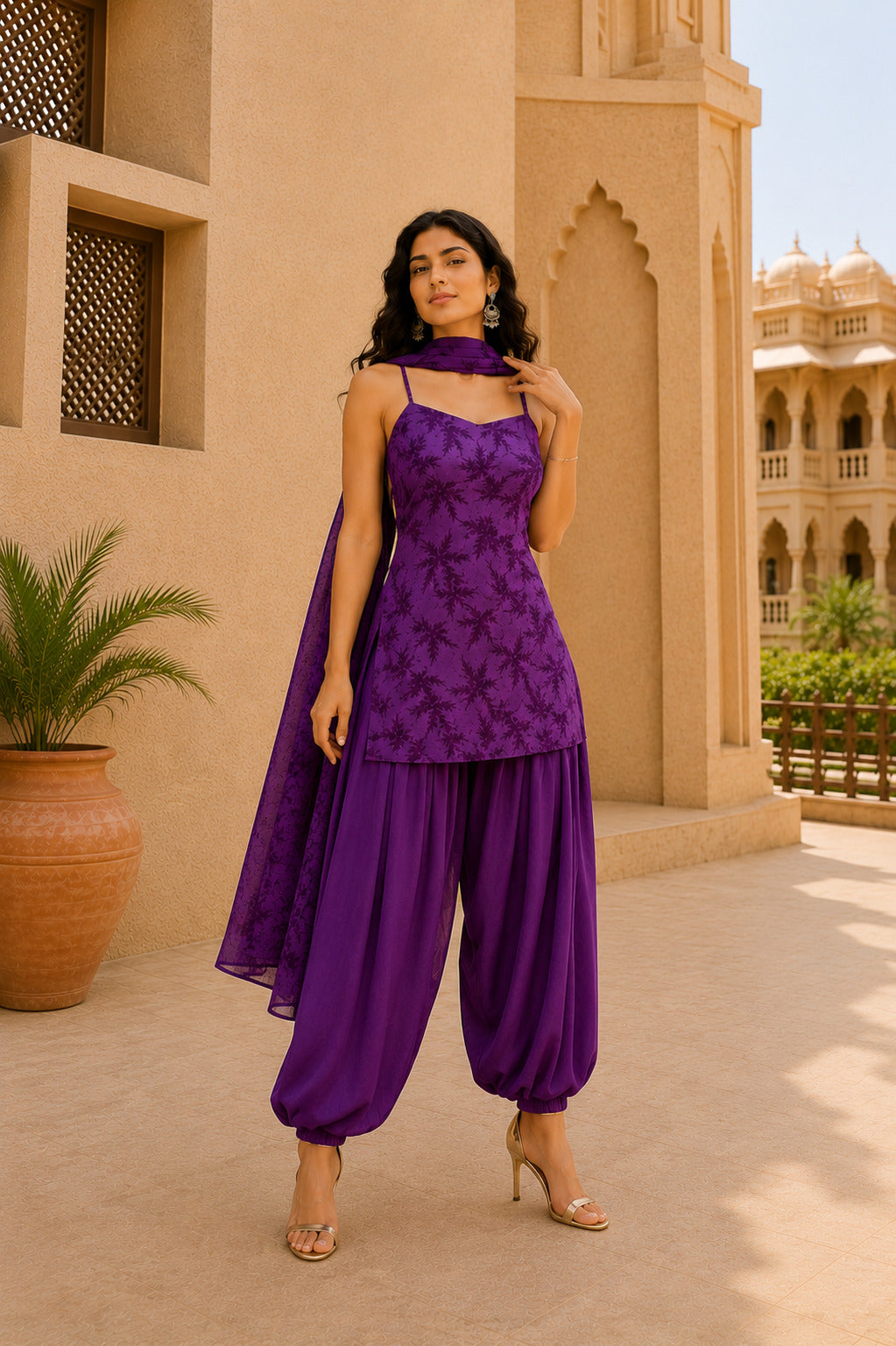RUHANI PURPLE FLORAL BALLOON PANTS SET WITH DUPATTA