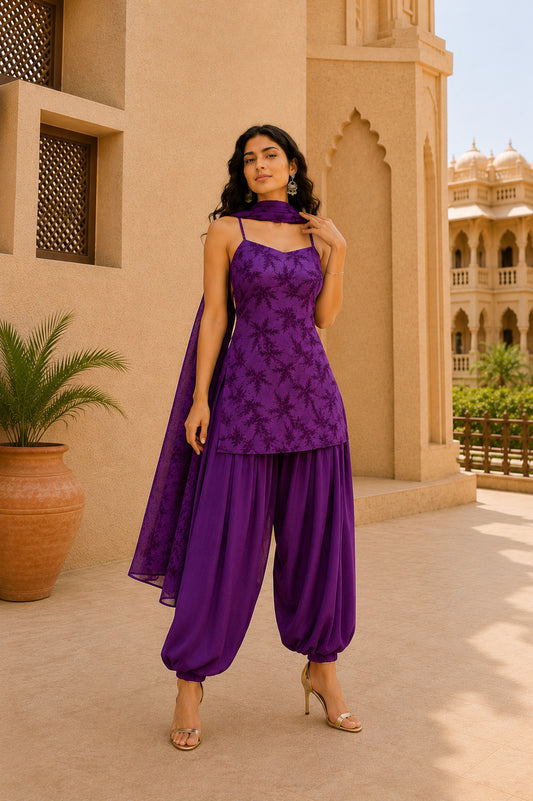 RUHANI PURPLE FLORAL BALLOON PANTS SET WITH DUPATTA