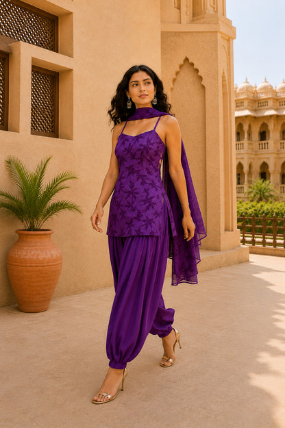RUHANI PURPLE FLORAL BALLOON PANTS SET WITH DUPATTA