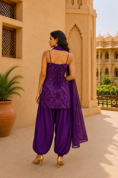 RUHANI PURPLE FLORAL BALLOON PANTS SET WITH DUPATTA