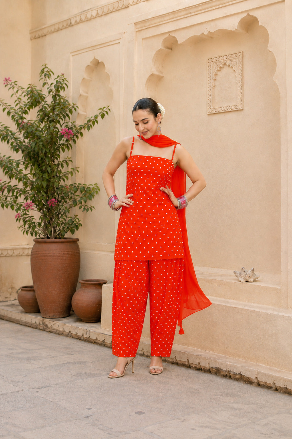 PURVI ORANGE BANDHEJ FARSHI SET