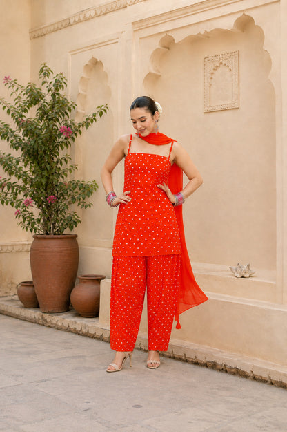 PURVI ORANGE BANDHEJ FARSHI SET