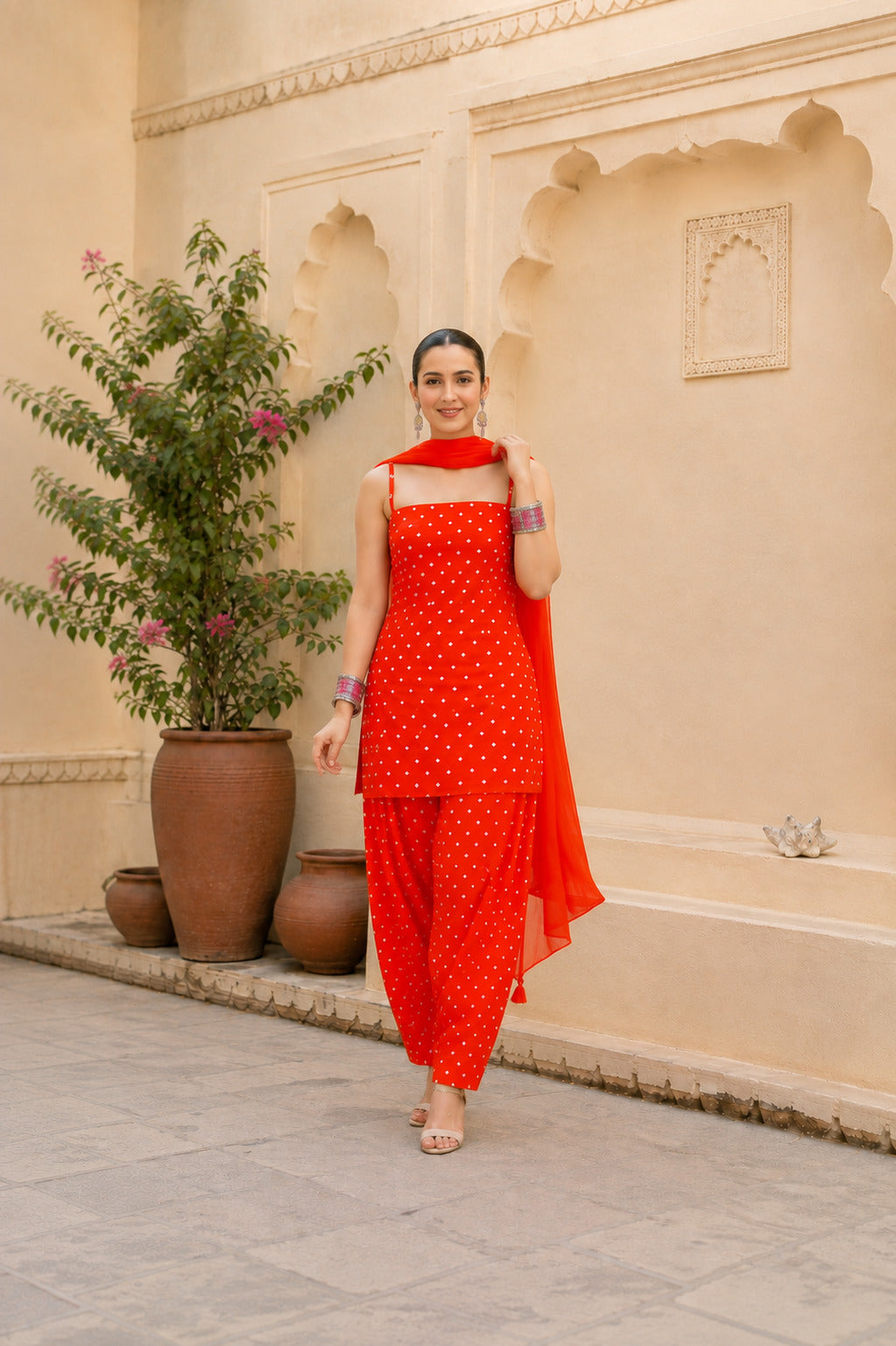 PURVI ORANGE BANDHEJ FARSHI SET