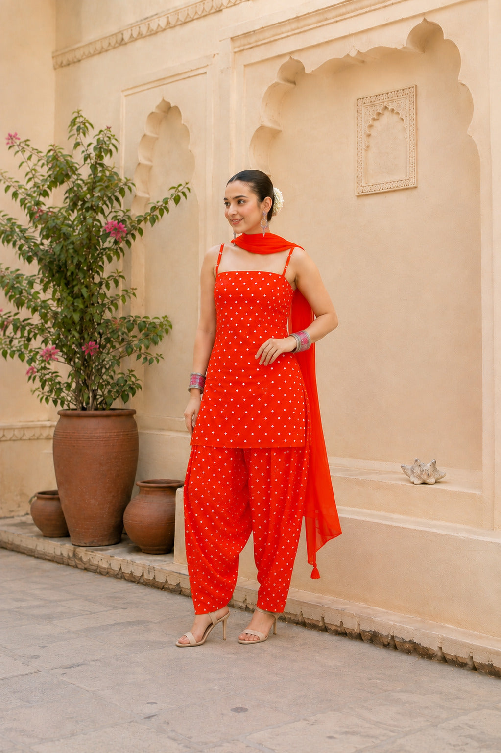 PURVI ORANGE BANDHEJ FARSHI SET