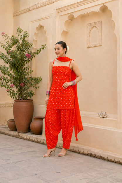 PURVI ORANGE BANDHEJ FARSHI SET