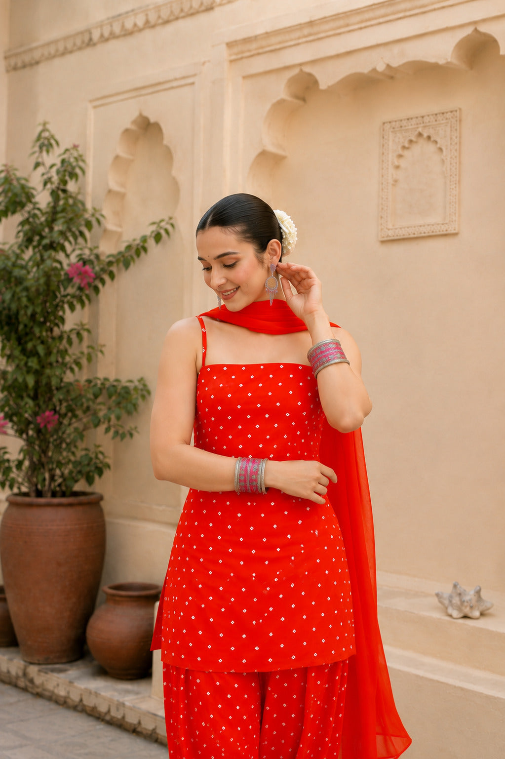PURVI ORANGE BANDHEJ FARSHI SET