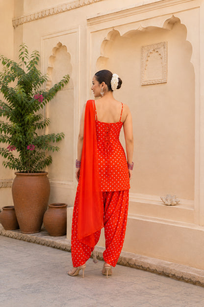 PURVI ORANGE BANDHEJ FARSHI SET