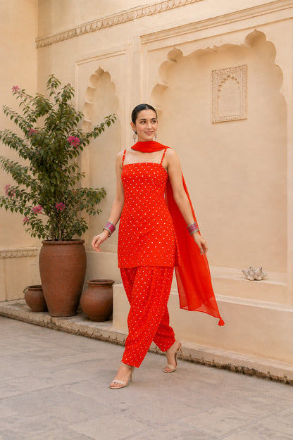PURVI ORANGE BANDHEJ FARSHI SET
