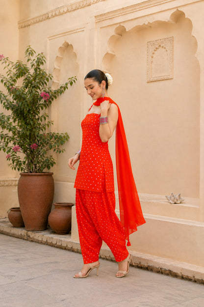 PURVI ORANGE BANDHEJ FARSHI SET