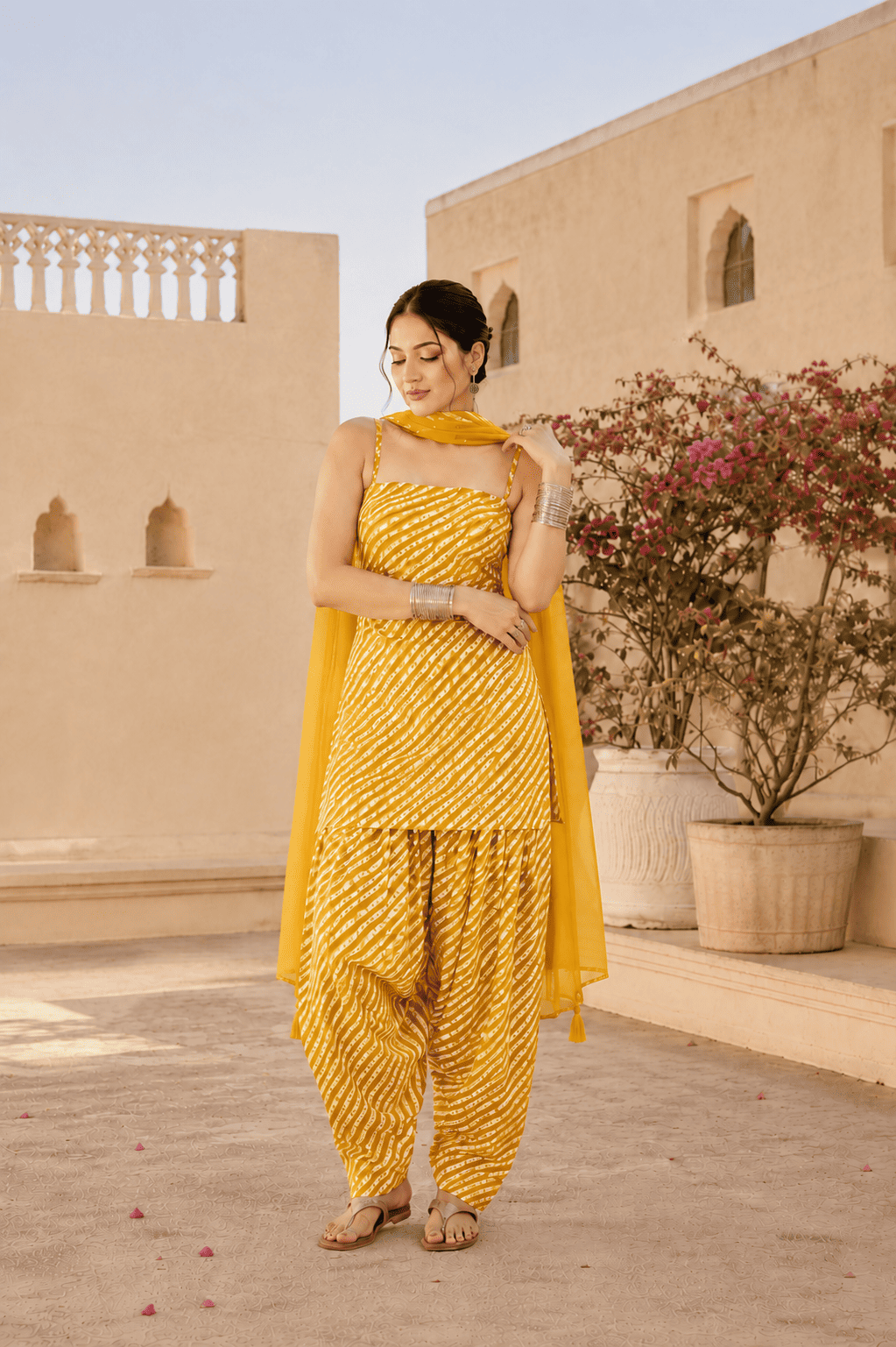AANCHAL YELLOW LEHERIYA FARSHI SET