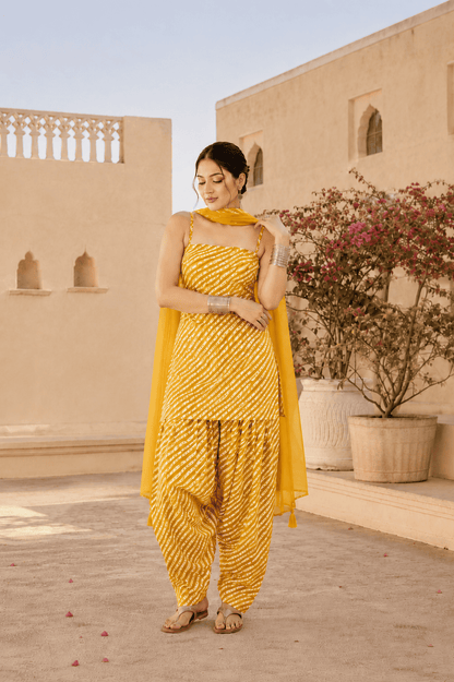 AANCHAL YELLOW LEHERIYA FARSHI SET