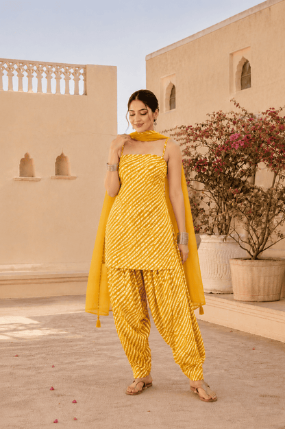 AANCHAL YELLOW LEHERIYA FARSHI SET