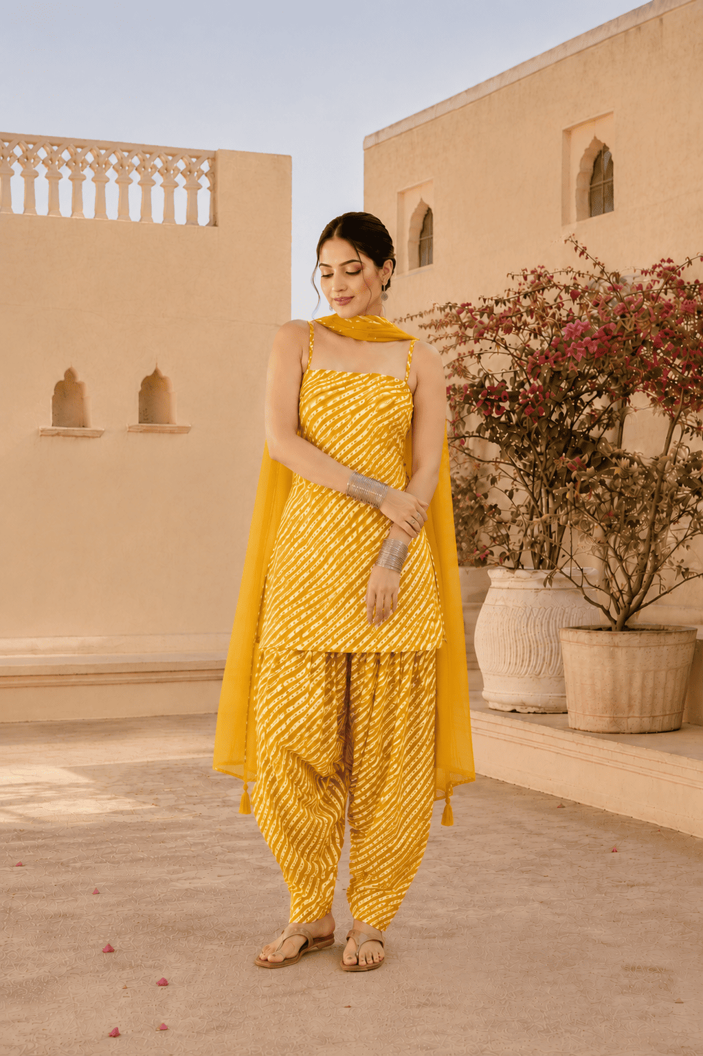 AANCHAL YELLOW LEHERIYA FARSHI SET