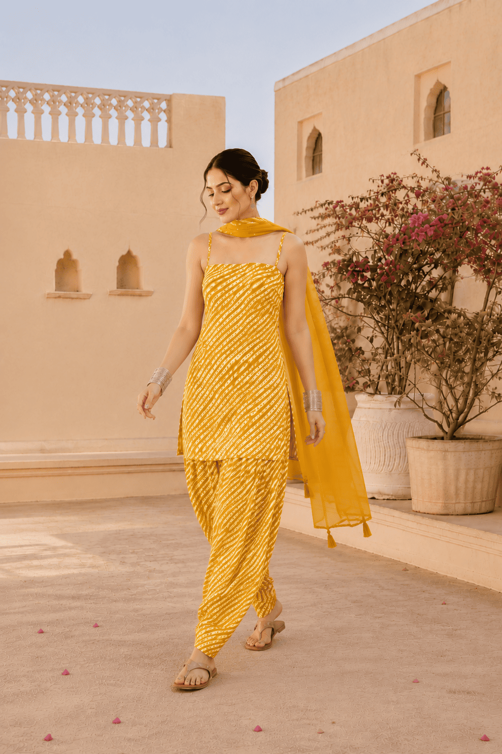 AANCHAL YELLOW LEHERIYA FARSHI SET