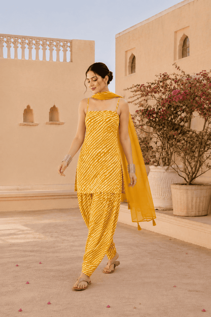 AANCHAL YELLOW LEHERIYA FARSHI SET