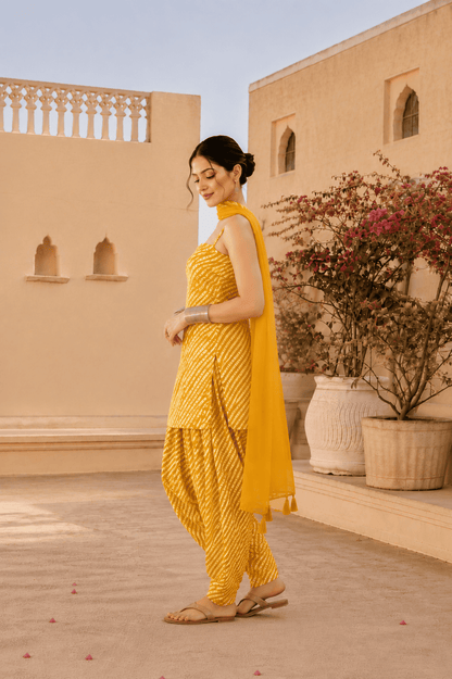 AANCHAL YELLOW LEHERIYA FARSHI SET