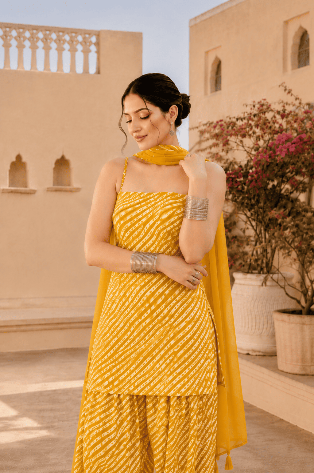 AANCHAL YELLOW LEHERIYA FARSHI SET