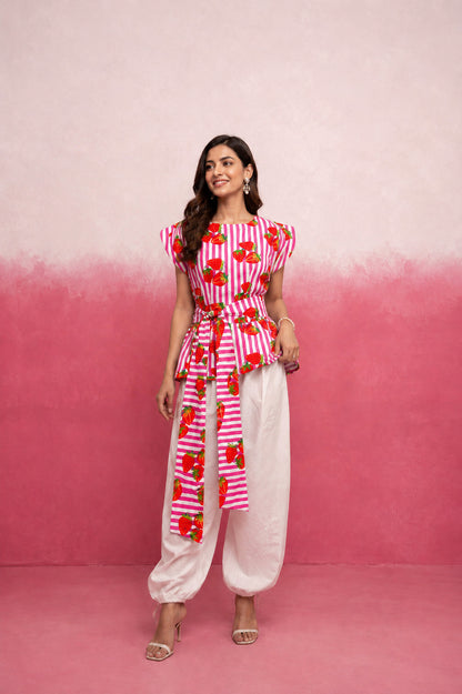 ABHIRA PINK STRAWBERRY STRIPE BALLOON COORD SET WITH BELT