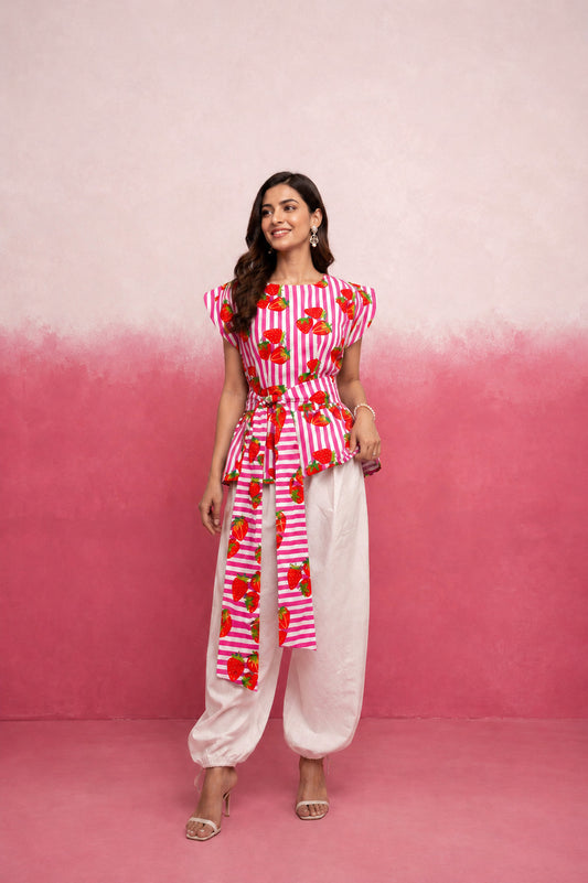 ABHIRA PINK STRAWBERRY STRIPE BALLOON COORD SET WITH BELT