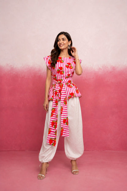 ABHIRA PINK STRAWBERRY STRIPE BALLOON COORD SET WITH BELT