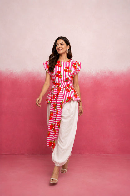 ABHIRA PINK STRAWBERRY STRIPE BALLOON COORD SET WITH BELT