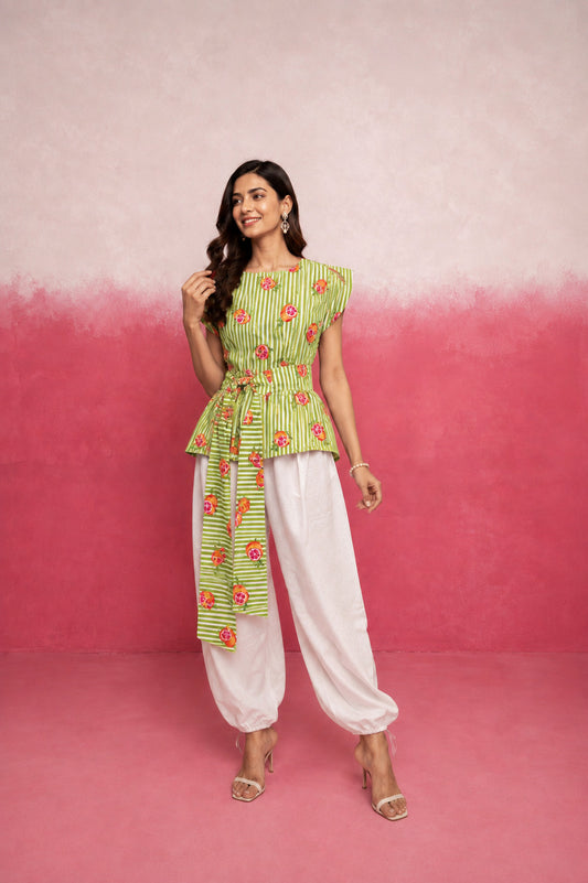 CELINA AGREEN STRIPE BALLOON COORD SET WITH BELT