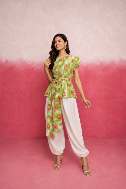 CELINA AGREEN STRIPE BALLOON COORD SET WITH BELT