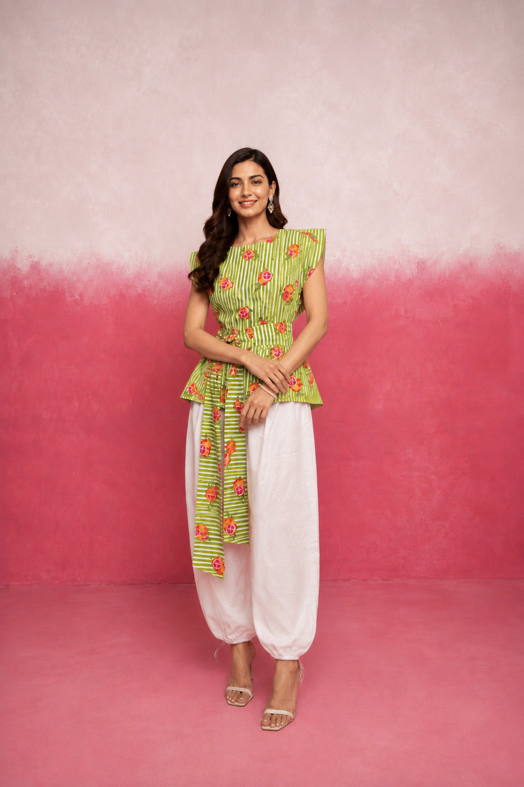 CELINA AGREEN STRIPE BALLOON COORD SET WITH BELT
