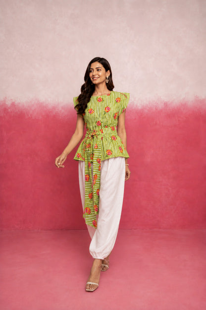 CELINA AGREEN STRIPE BALLOON COORD SET WITH BELT