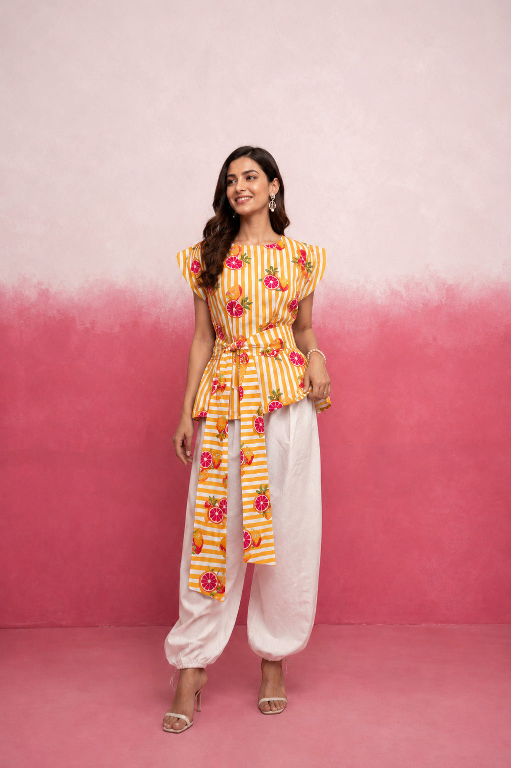 NIREYA YELLOW STRIPE BALLOON COORD SET WITH BELT
