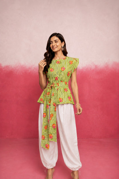 CELINA AGREEN STRIPE BALLOON COORD SET WITH BELT
