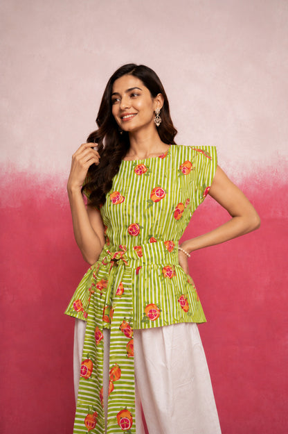 CELINA AGREEN STRIPE BALLOON COORD SET WITH BELT