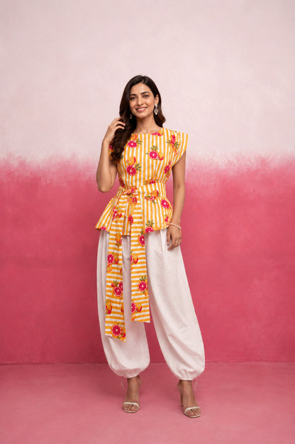 NIREYA YELLOW STRIPE BALLOON COORD SET WITH BELT