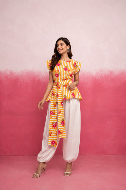 NIREYA YELLOW STRIPE BALLOON COORD SET WITH BELT