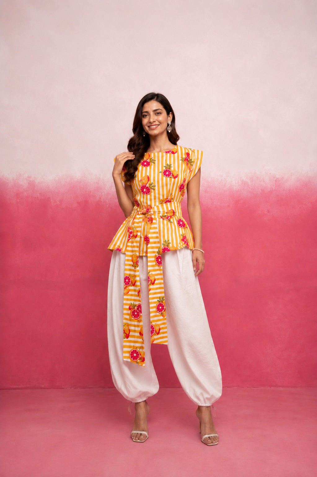 NIREYA YELLOW STRIPE BALLOON COORD SET WITH BELT