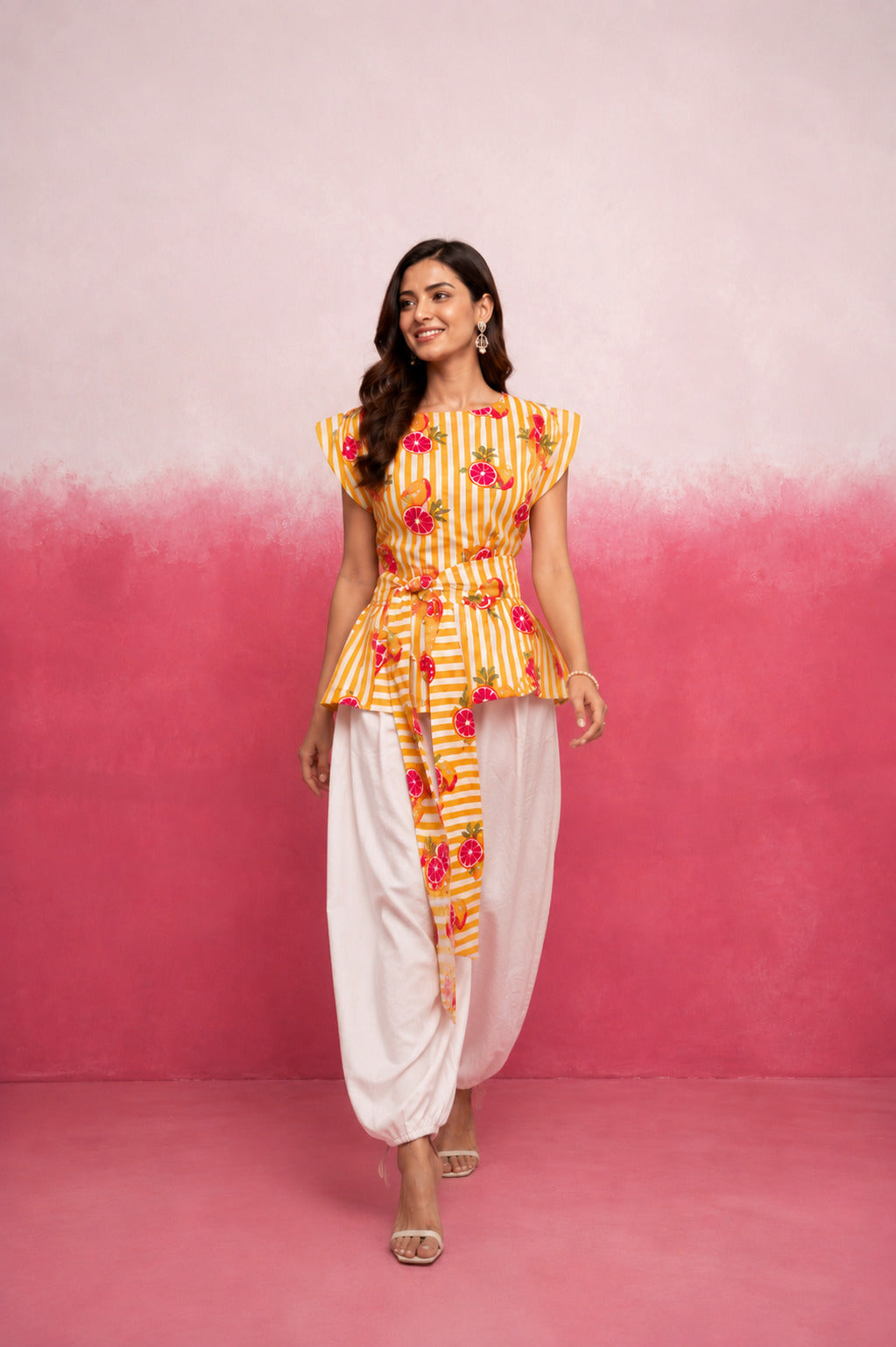 NIREYA YELLOW STRIPE BALLOON COORD SET WITH BELT