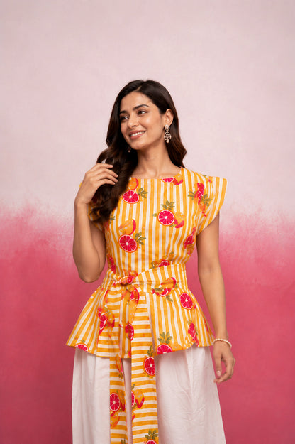 NIREYA YELLOW STRIPE BALLOON COORD SET WITH BELT