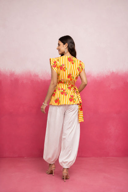 NIREYA YELLOW STRIPE BALLOON COORD SET WITH BELT