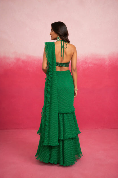 RAGVI GREEN LEHERIYA RUFFLE SAREE
