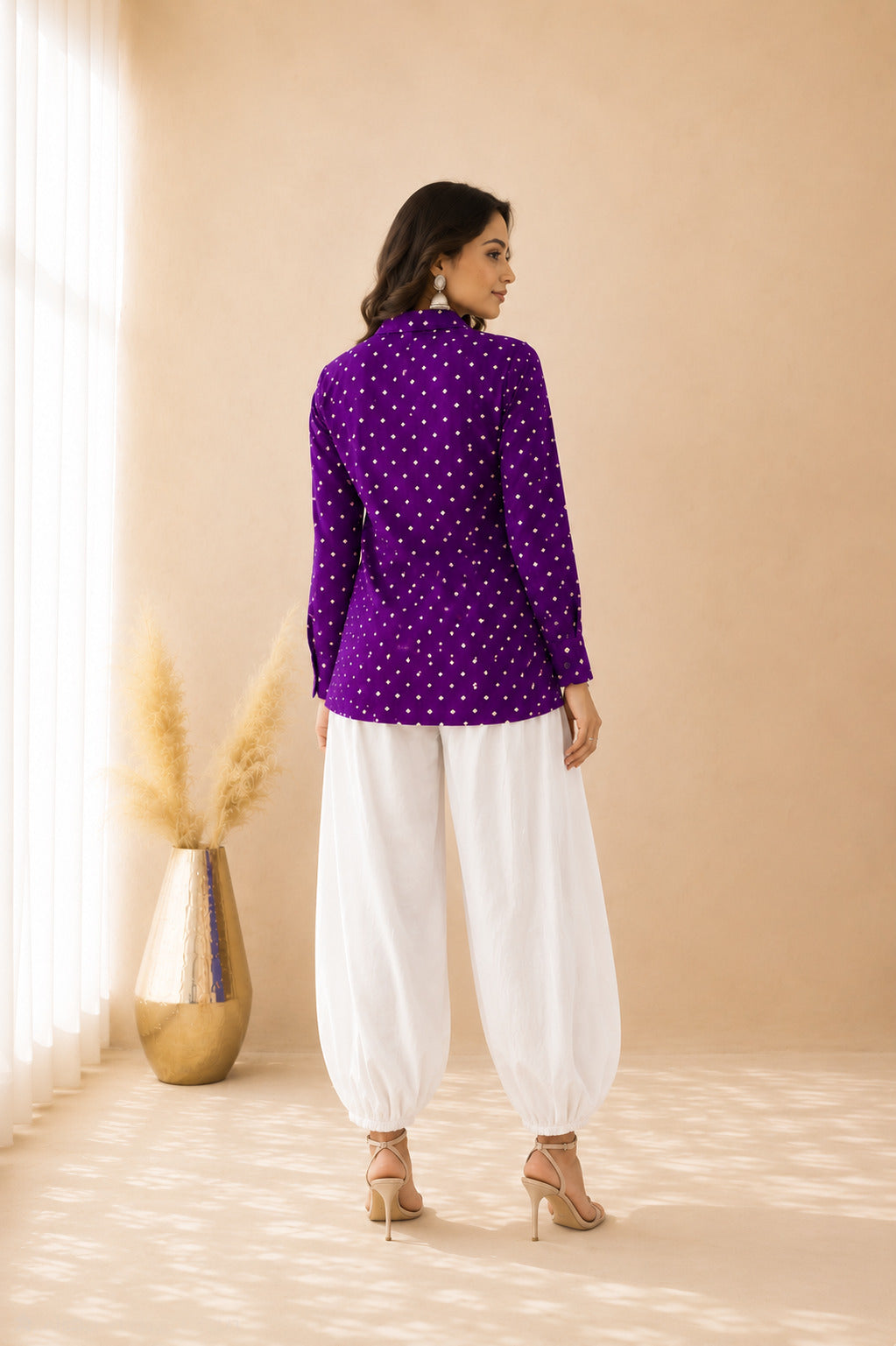 SHARVI PURPLE BANDHEJ SHIRT AND BALLOON PANTS COORD SET