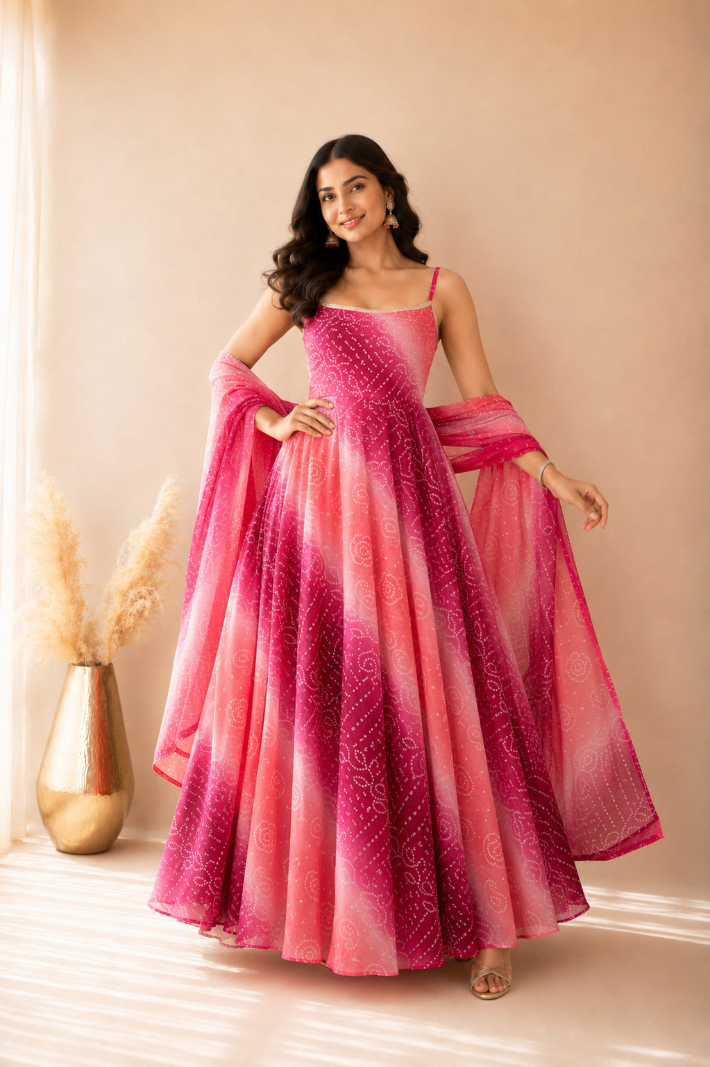 ALORIA OMBRE PINK BANDHEJ ANARKALI SET