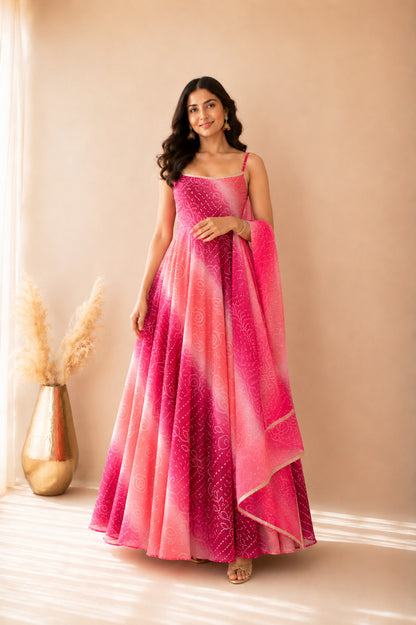ALORIA OMBRE PINK BANDHEJ ANARKALI SET