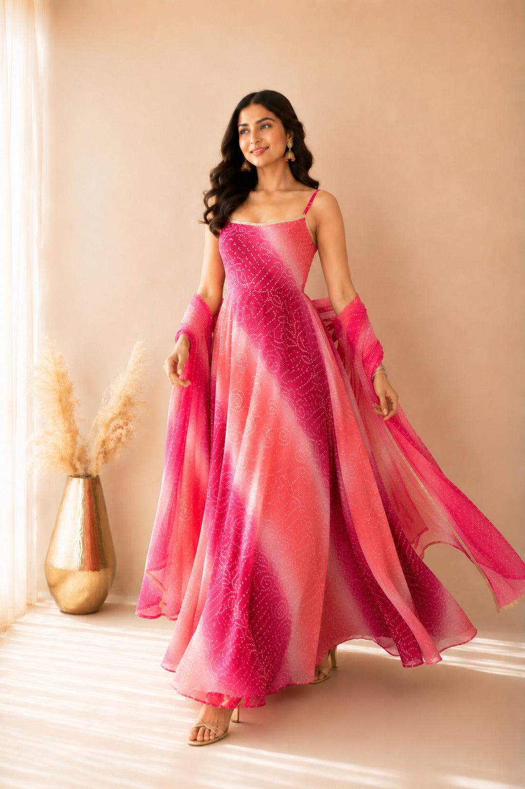 ALORIA OMBRE PINK BANDHEJ ANARKALI SET